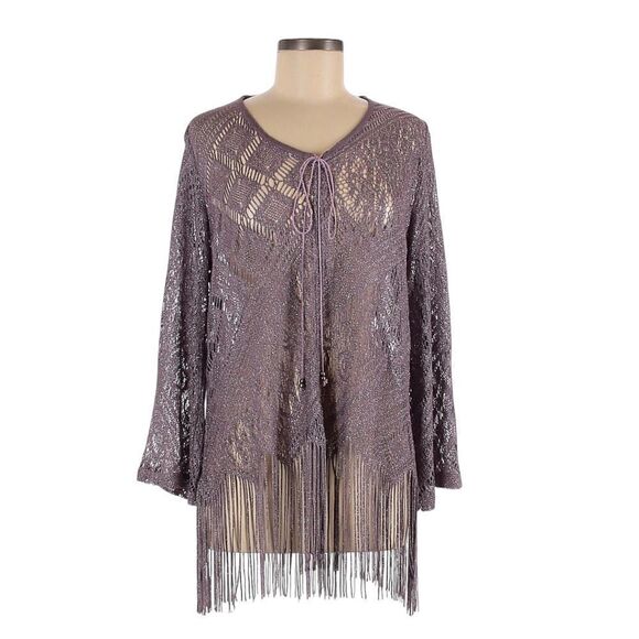 Vintage Isabel LA by Shawn Metallic Lilac Open Knit Fringe Poncho Sweater L - Picture 1 of 7